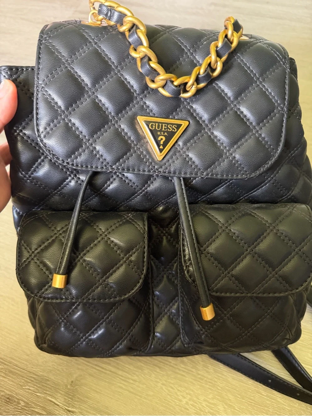 Guess Quilted Black Backpack with Gold Chain Handle